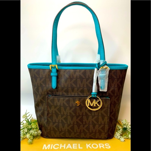 Michael Kors Handbags - Michael Kors Signature Logo Print With Turquoise Leather Trim Tote Bag NWT